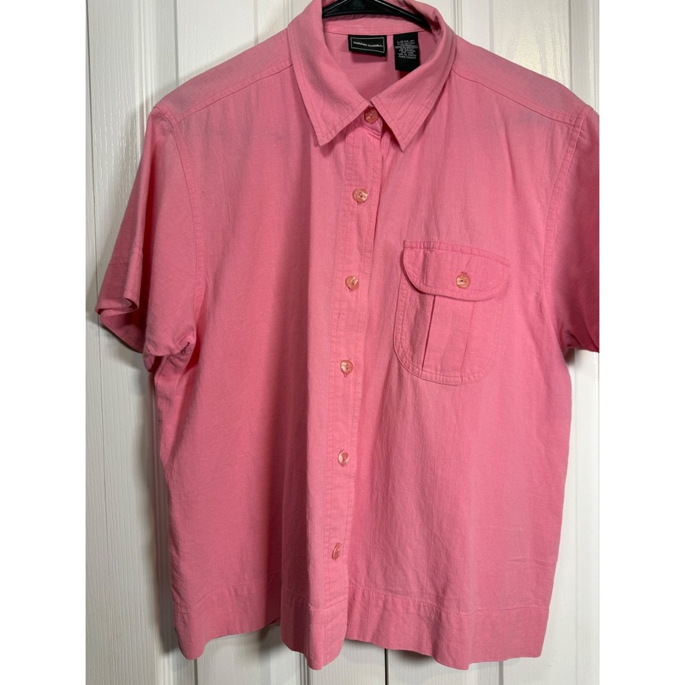 Bobbie Brooks Pink Button Up Shirt Womens Large 14-16 Cotton Short Sleeve Top